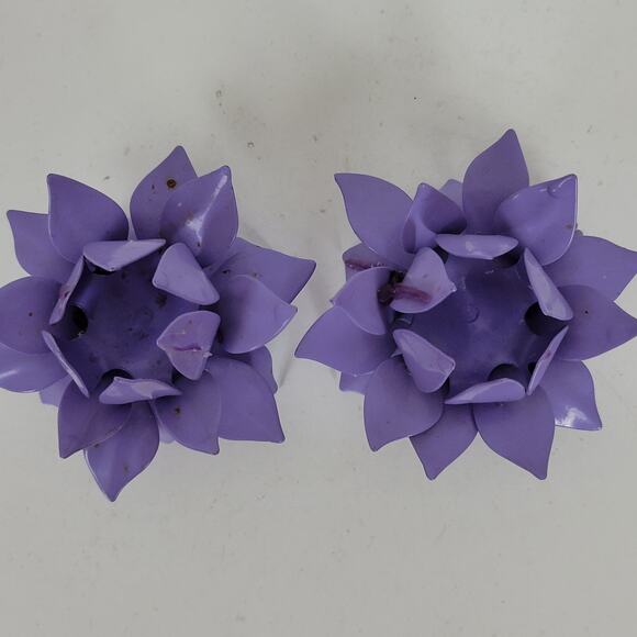 VINTAGE Lotus Flower Metal Purple Handmade Candle Holders Retro Set of 2 - Picture 4 of 13